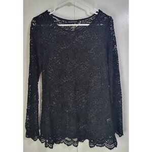 VTG Women's LG Whimsigoth Full Lace Long Sleeve Top Blouse See through y2k black